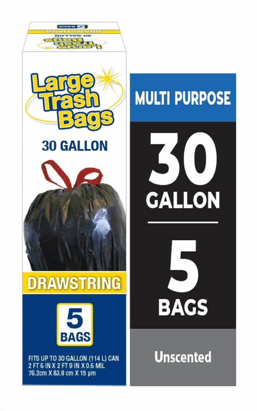 Packaging panel with 'Large Trash Bags' logo, 30 gallon label, drawstring image and '5 bags' callout