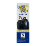 Tall product box image showing 'Large Trash Bags' 30 gallon branding, tied black bag graphic and '5 bags' information