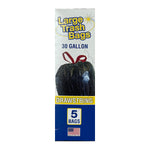 Tall narrow packaging panel with 'Large Trash Bags' logo, 30 gallon text, tied black trash bag and '5 bags' badge