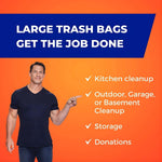 Man pointing to a checklist of uses under the headline 'Large Trash Bags Get The Job Done' on an orange background