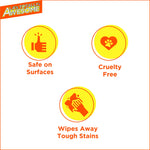 LA's Totally Awesome feature graphic with three icons and text reading Safe on Surfaces, Cruelty Free, and Wipes Away Tough Stains.