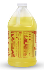 Rear view of a yellow LA's Totally Awesome gallon showing dilution chart and instructions printed in red on the label.