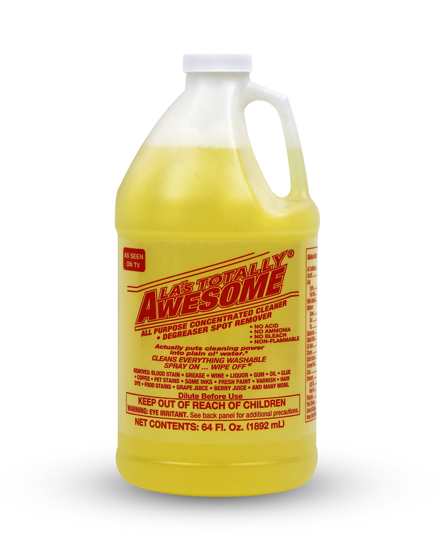 Yellow one-gallon jug of LA's Totally Awesome all-purpose cleaner with red label and white cap on white background.