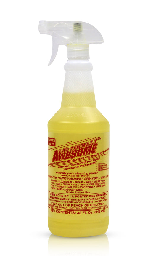 Yellow LA's Totally Awesome spray bottle of all-purpose cleaner on white background