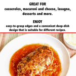 Promotional text panel above a plated serving of lasagna in sauce, used as a product use suggestion graphic.