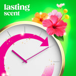 Graphic showing a clock motif with hibiscus flowers and the phrase 'lasting scent' on a green background