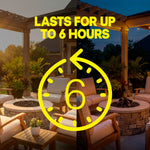 Split-day-and-night patio scene with large yellow clock graphic and text 'Lasts for up to 6 hours'