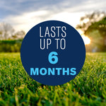 Lawn scene at sunrise with circular badge reading "Lasts up to 6 months" over the grass