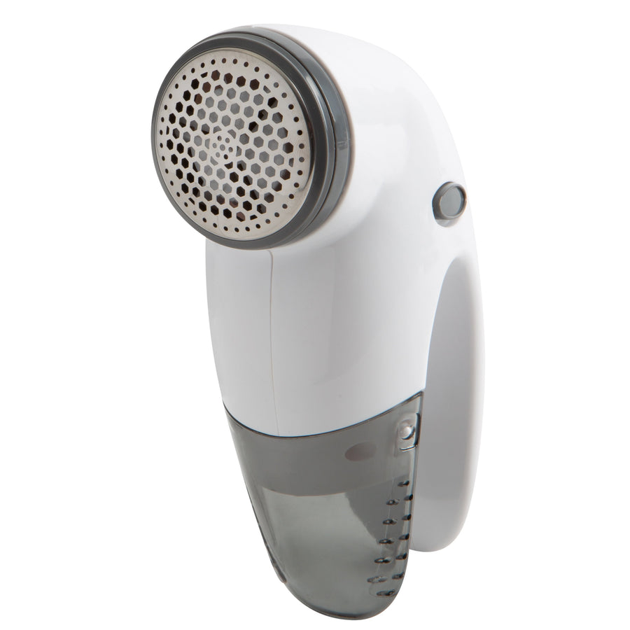 Close-up angled view of a white Laundry 360 portable lint remover showing metal blade guard and translucent lint chamber