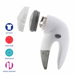 Exploded product graphic of a white Laundry 360 lint remover with cover, blade and icons for garments, blades and battery operation