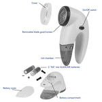 Labeled diagram of a Laundry 360 lint remover showing cover, blade guard, lint chamber and battery compartment with AA battery callout