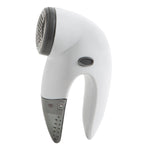 Side view of a white Laundry 360 battery-operated lint remover showing on/off button, handle and metal blade guard