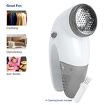 Laundry 360 lint remover with cleaning brush beside it and small images showing clothing, upholstery and car seats uses