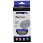 Laundry 360 branded retail box for a 2-pack of gray pure wool dryer balls showing product image and features