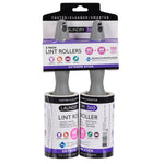 Two-pack Laundry 360 lint rollers in retail hang-pack with gray handles and purple-white branding