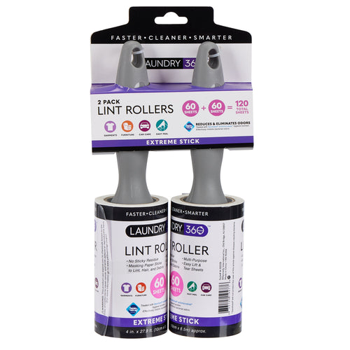 Two-pack Laundry 360 lint rollers in retail hang-pack with gray handles and purple-white branding