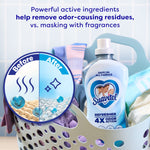 Laundry basket scene with Suavitel Refresher bottle and a before/after circular graphic illustrating odor removal