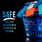 Blue laundry basket filled with colorful clothes alongside text 'Safe on all washable fabrics & loads' on black background