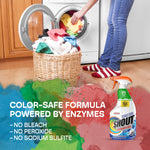 Laundry scene with a full wicker laundry basket by a front-loading washer and a Shout Advanced Gel bottle and color-safe claims.