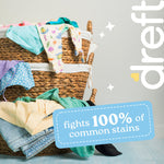 Woven laundry basket overflowing with colorful clothes and a blue callout stating it fights 100% of common stains, partial dreft logo