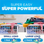 Two laundry baskets labeled small load and large load with recommended 1 pak and 2 paks guidance and tagline super easy