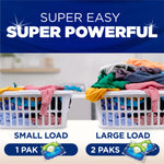 Two laundry baskets labeled small load and large load with guidance graphics showing 1 pak for small, 2 paks for large