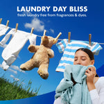 Clothesline scene with baby clothes and teddy bear plus a woman inhaling fresh laundry under the headline 'Laundry Day Bliss'.