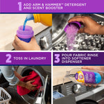 Four-step instructional panel showing adding detergent, tossing laundry, pouring fabric rinse into dispenser and washing