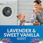 Lifestyle image of woman and child doing laundry above panel reading lavender & sweet vanilla scent