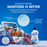 Infographic showing a pile of laundry, microscopic comparison circles and a Lysol Laundry Sanitizer bottle with claim about killing bacteria