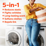 Lifestyle image of person holding a laundry basket in front of washer with 5-in-1 benefit text for dryer sheets