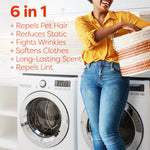 Lifestyle image of a person in jeans carrying a laundry basket beside a washer and dryer with a 6-in-1 benefits list.