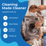 Lifestyle image of a parent loading laundry with text describing cleaner ingredients: EWG verified, water-based, pH neutral