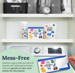 Laundry shelf scene showing Miss Mouth’s product line - detergent sheets and stain treater - above a washer and dryer