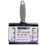 Retail-ready boxed 3-pack showing Laundry 360 branding with a gray-handled lint roller standing above the packaged refills
