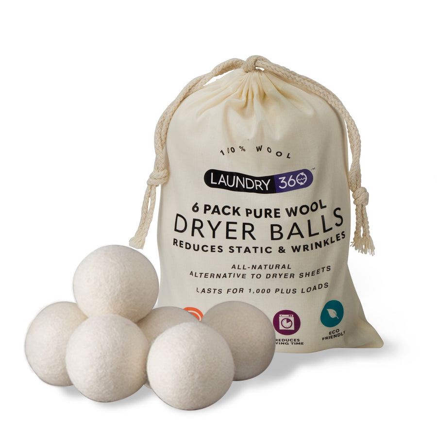 Drawstring canvas bag labeled Laundry 360 with six natural wool dryer balls arranged in front