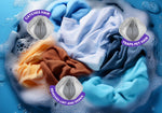 Soapy laundry with three illustrated mesh wash balls and callouts reading catches hair, traps pet hair, removes lint.