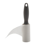 Lint roller with dark gray handle showing a sheet partially peeled from the white adhesive roll