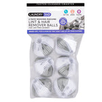 Retail blister pack of six Laundry 360 lint and hair remover mesh wash balls with header card.