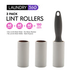 Packaging graphic showing Laundry 360 logo, product text for 3 pack lint rollers, and three white rolls with a gray handle