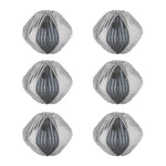 Six white-and-gray mesh lint and hair remover wash balls arranged in two columns on white background.