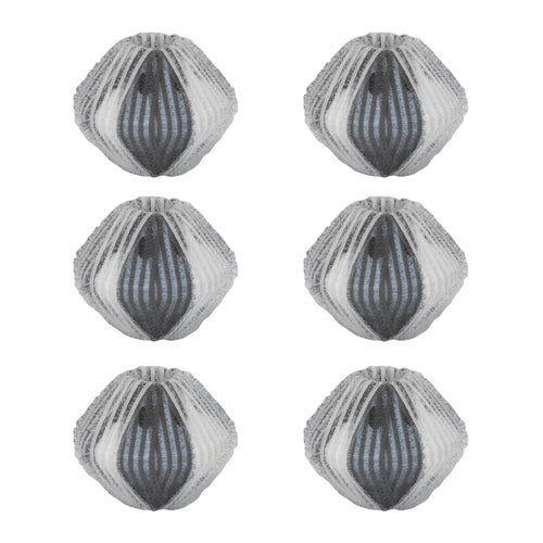 Six white-and-gray mesh lint and hair remover wash balls arranged in two columns on white background.