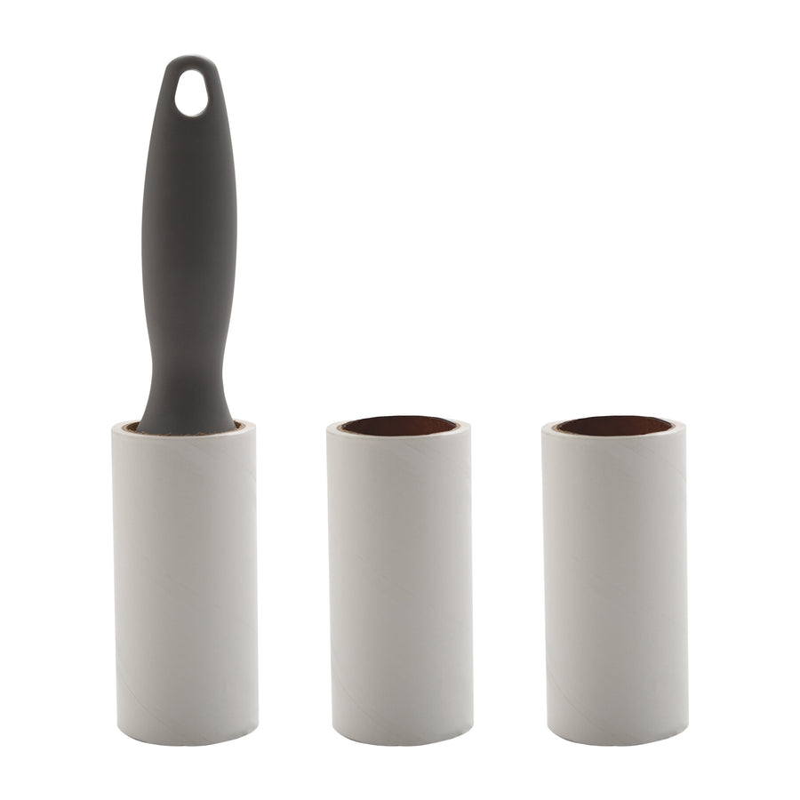 Three white lint roller refill tubes with one dark gray handle inserted, on white background