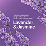 Purple background with lavender sprigs and text highlighting the delicate balance of Lavender & Jasmine fragrance