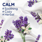 Flatlay of lavender sprigs and vanilla flowers on white fabric with text listing CALM as soothing, cozy, herbal.