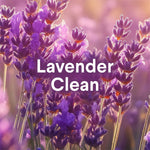 Close-up photograph of lavender blossoms with 'Lavender Clean' label overlaid in white text.