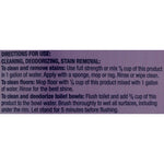 Close-up photo of product directions text for cleaning, deodorizing, and stain removal on a lavender-colored label