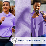 Triptych image of active people and fabric close-up in lavender tones with banner ‘Safe on all fabrics’