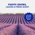 Photographic lavender field under text 'Fights odors, leaves a fresh scent' with a badge reading 'Lavender & Cotton Blossom Scent'.