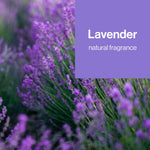 Field of blooming lavender with a purple panel reading 'Lavender natural fragrance' to indicate scent
